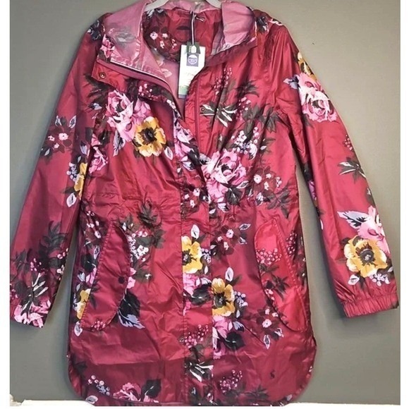 Joules Jackets & Blazers - Joules Raincoat Upcycled Plastic Golightly Red Pink Berry Floral Size 4‎ NWT